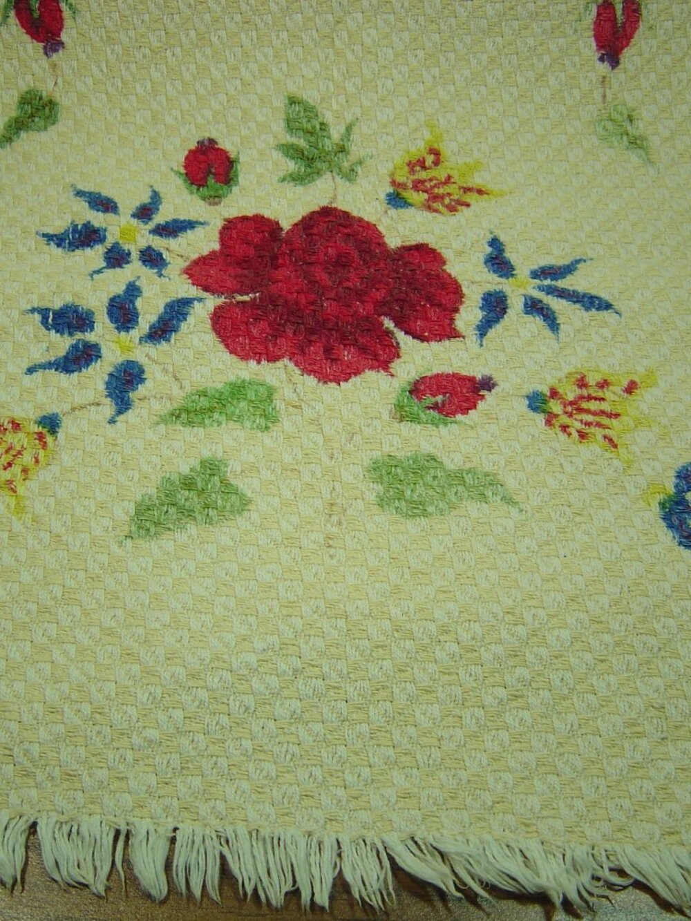 Vintage woven table runner with painted floral design-40" x 15"